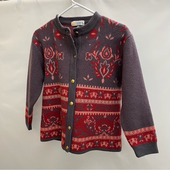 Camela Button Front Cardigan XL pink VTG 1970s Wool Woolmark Pattern Cropped - Picture 2 of 8